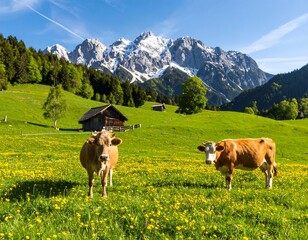 Fototapeta premium Cows grazing in alpine meadow