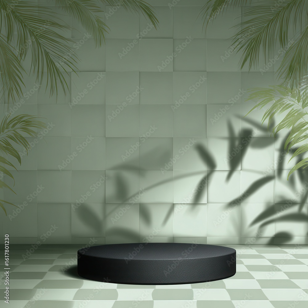 Poster 3d background with a podium and the shadow of palm leaves on a light green puzzle pattern wall, a mo
