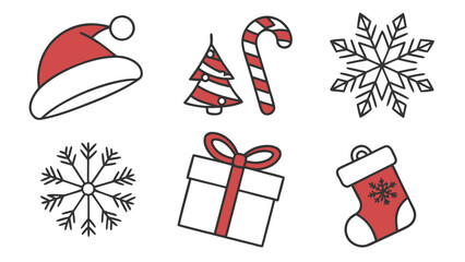 A collection of six simple hand drawn christmas icons featuring red and white color accents