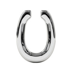 Silver horseshoe-shaped balloon.  Glossy, reflective surface.  Letter U form