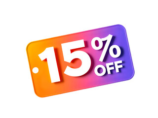 Eye-catching New Sales Tag with 15% Off White Text on a Vibrant Orange, Pink, and Purple Gradient, Featuring a Transparent Background for Versatile Use.