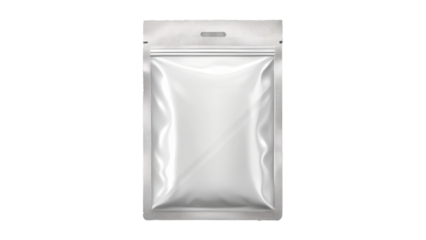 A blank silver foil pouch isolated on transparent background, perfect for packaging mockups and product presentations