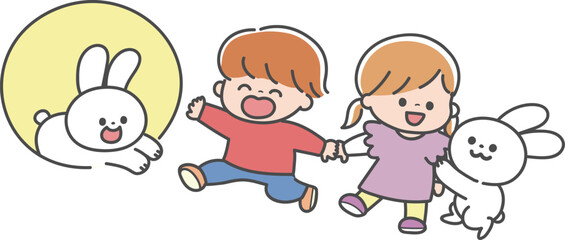 お月見に誘ううさぎたちと子どもたち