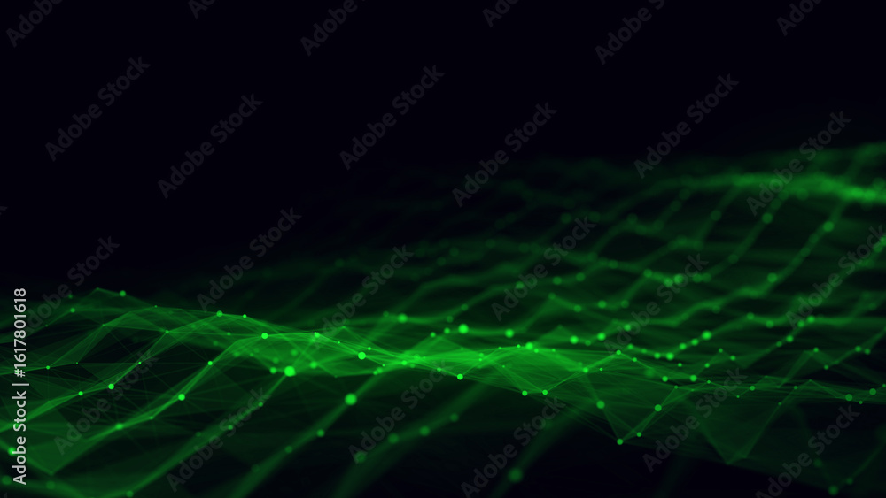 Poster dynamic green wave of particles and lines. abstract futuristic background. big data visualization. 3