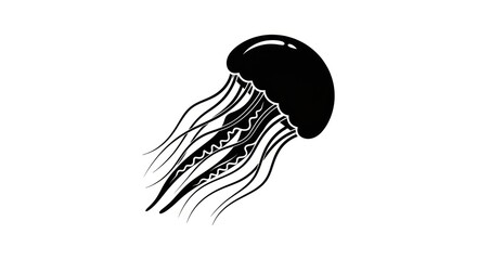 A black and white graphic illustration of a jellyfish with long tentacles on a white background space