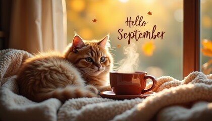 Fluffy orange cat on soft blanket gazes at steaming cup near autumn window. Inscription Hello September. Fall, pets, lifestyle.