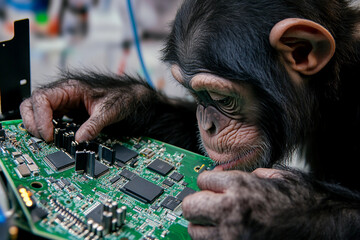 Curious Monkey Fixing Gadget Motherboard with Computer Hardware Generative AI Concept