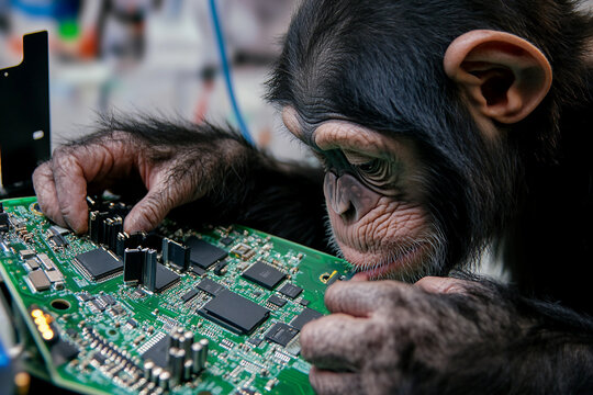 Curious Monkey Fixing Gadget Motherboard with Computer Hardware Generative AI Concept