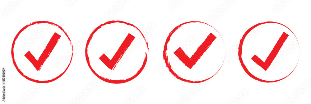 Poster red brush stroke forming check mark on transparent backdrop, signaling successful validation and pos