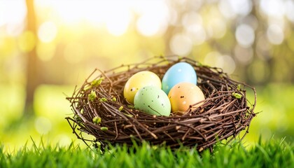 Fototapeta premium Pastel Easter Eggs in a Bird's Nest on Grass
