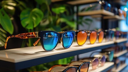 Fashionable Collection of Sunglasses Displayed on a Shelf in a Store