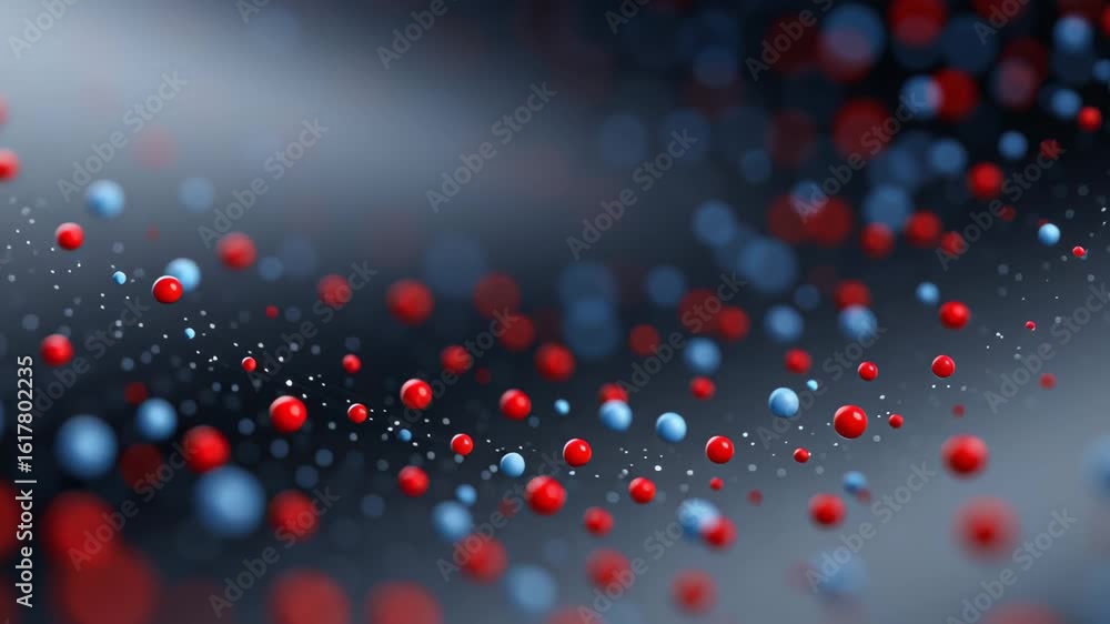 Poster abstract illustration of floating red and blue spheres on a dark background, creating a sense of dep
