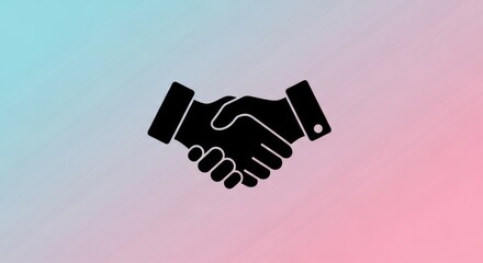 A black handshake graphic on a gradient background of light blue and pink colors in the center view