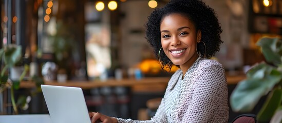 Smiling young black woman with laptop at coffee shop