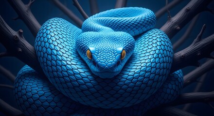Close up of a coiled blue viper snake with yellow eyes perched on branches