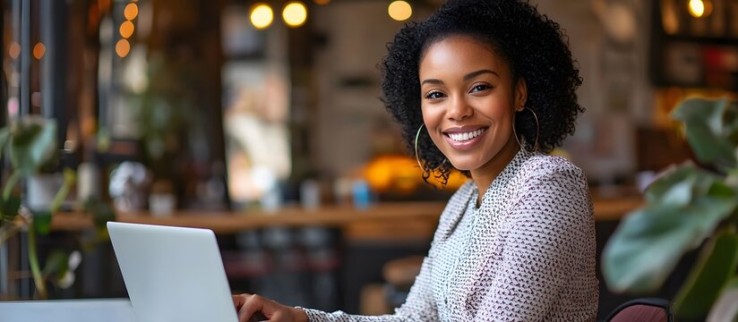 Smiling young black woman with laptop at coffee shop