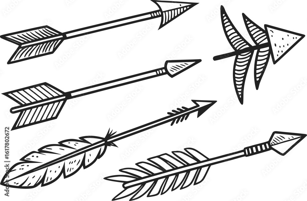 Poster vector art of a collection of hand drawn arrow designs with different feather and arrowhead styles