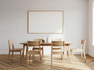 Fototapeta premium Bright minimalist dining room interior with wooden furniture and large blank poster frame on white wall for artwork or product presentation mockup. 3D Rendering 