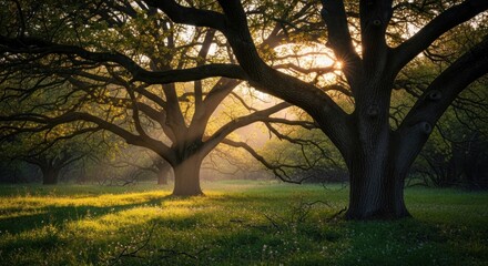 Sunlight shining through the branches of large trees in a grassy field at golden hour creating a peaceful scene