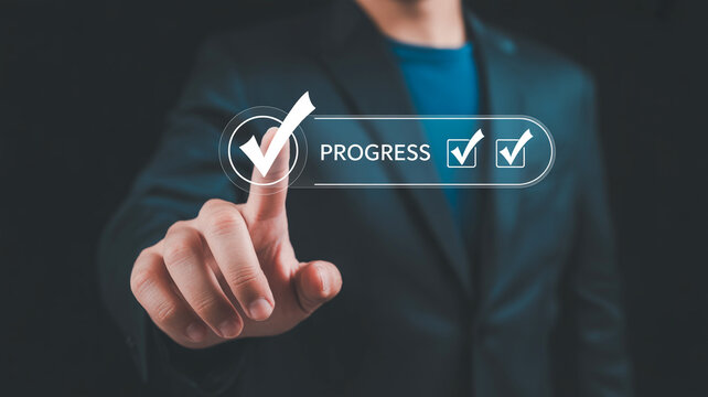 Man touches progress checklist on screen. Concept of achievement, business milestones, goals. Video backdrop, social media, corporate presentation.