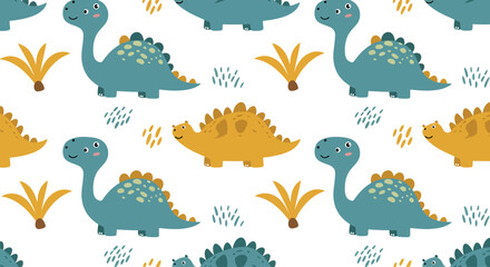 Seamless Vector Pattern of Cute Dinosaurs