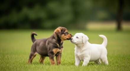 Two puppies interacting nose to nose on a green lawn with a blurred background of trees and foliage