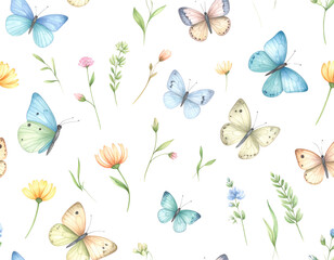 Seamless spring pattern featuring colorful butterflies and flowers flying on a floral background