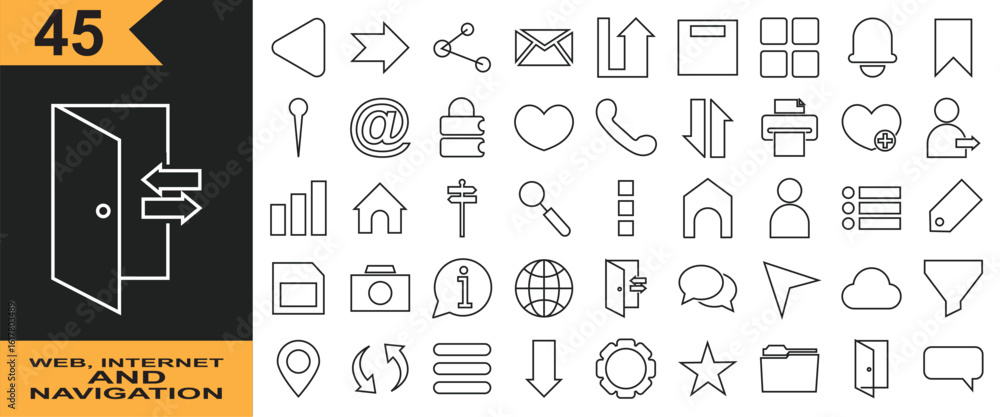Poster web, internet and navigation icon . minimalist linear symbols for website design, digital ui, apps, 