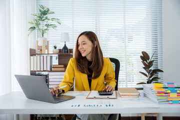 Smiling Professional in Modern Office: A poised woman, radiating confidence, is diligently working...