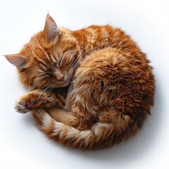 An orange tabby cat curled up asleep on a white surface with its eyes closed tight