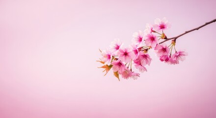 A branch of pink cherry blossoms against a soft pink background in the upper right corner of frame