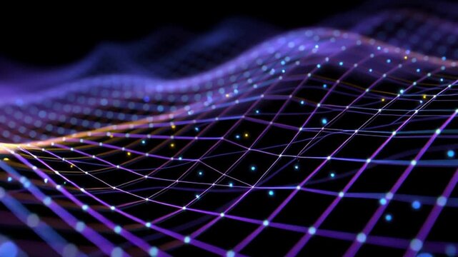 Abstract background with blue and purple lines on a dark black grid, mesh pattern, with light and shadow effects, resembling a web vector or network grid, in a 3D rendering