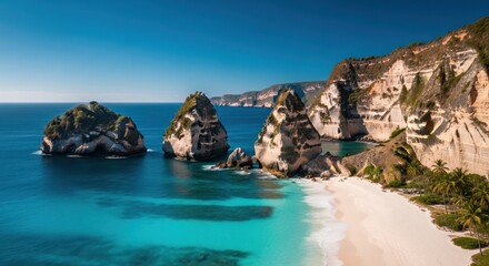 Aerial view of diamond beach in nusa penida indonesia with rock formations and turquoise water on a sunny day