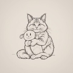 Adorable illustration of a fluffy cat cuddling a toy, capturing a heartwarming moment of companionship.