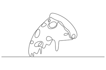 Continuous one line drawing of Pepperoni pizza slice. Single line drawing illustration of Pizza sliced. Italian food concept vector art. Doodle line illustration.