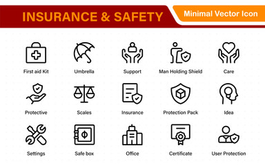 Insurance elements - minimal thin line web icon set. Insurance editable stroke symbols collection. Life, Car, House, Care, Money Insurance.