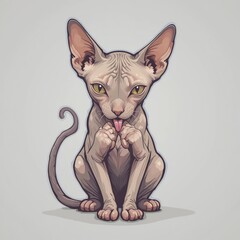 An artistic illustration of a Sphynx cat with unique features and expressions, capturing its playful nature.