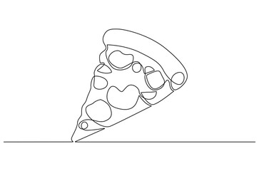 Continuous one line drawing of Pepperoni pizza slice. Single line drawing illustration of Pizza sliced. Italian food concept vector art. Doodle line illustration.