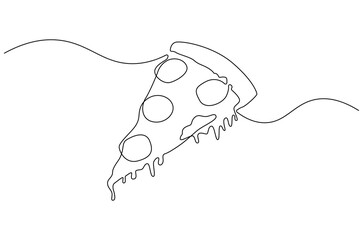 Continuous one line drawing of Pepperoni pizza slice. Single line drawing illustration of Pizza sliced. Italian food concept vector art. Doodle line illustration.