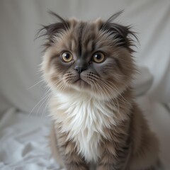 Cute and fluffy kitten with big eyes, posing adorably on a soft surface, perfect for pet lovers and animal photography.