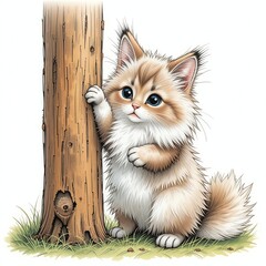 Cute and fluffy kitten playfully leaning against a tree, showcasing its adorable features and playful nature.