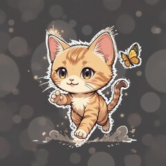 Cute and playful orange kitten chasing a butterfly in a delightful illustration, perfect for cat lovers.