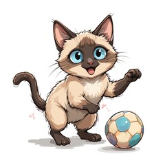 Cute animated kitten playing with a colorful soccer ball, showcasing playful energy and charm.