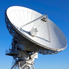 Large white radio telescope against a clear blue sky