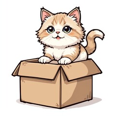 Cute cartoon kitten sitting in a cardboard box, showcasing its playful and curious nature.
