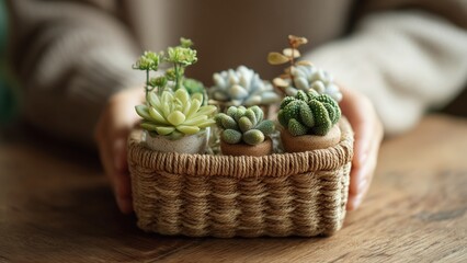 A woman holding a woven basket with tiny potted succulents as a gentle green present