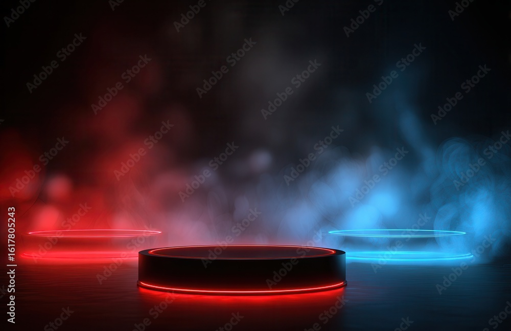 Poster 3d render, abstract background with illuminated neon red and blue round frames in smoke on an empty 