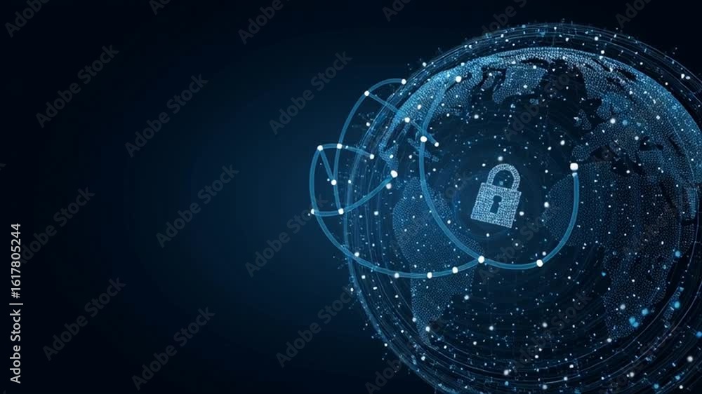 Poster a digital globe with data points and lines, in the center of which is an icon of a padlock symbolizi