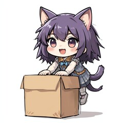 Cute character with cat ears excitedly playing with a cardboard box, perfect for illustrating joy and playfulness.
