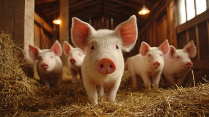 Pink piglets curiously stand on hay in a warm, rustic barn. It can represent farm life, animal themes, and agricultural industry.
